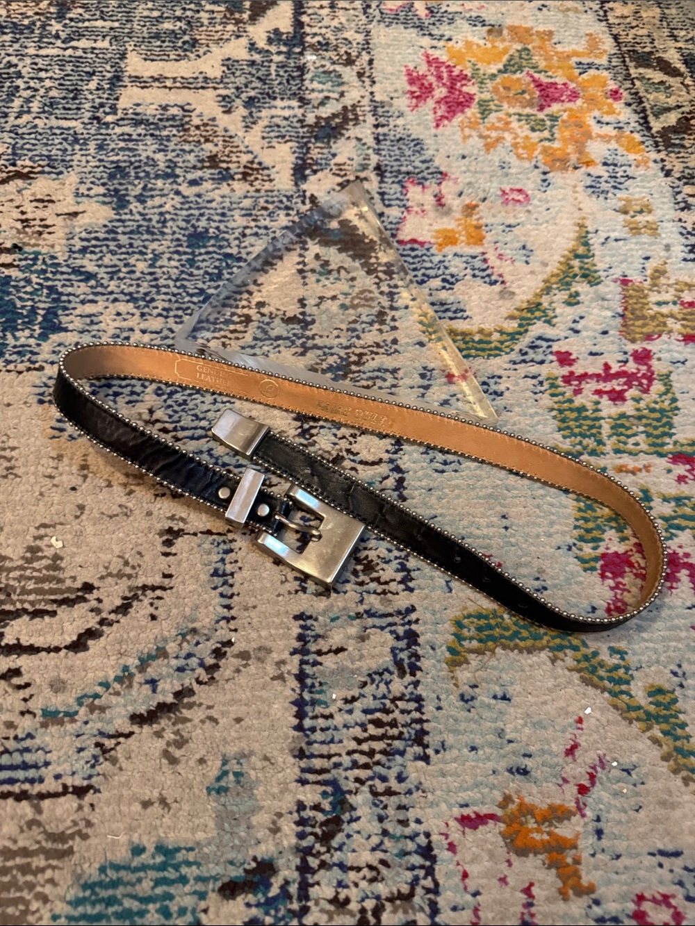 Vintage Black Leather Fame Belt with Silver-Tone Buckle and silver beaded edge
